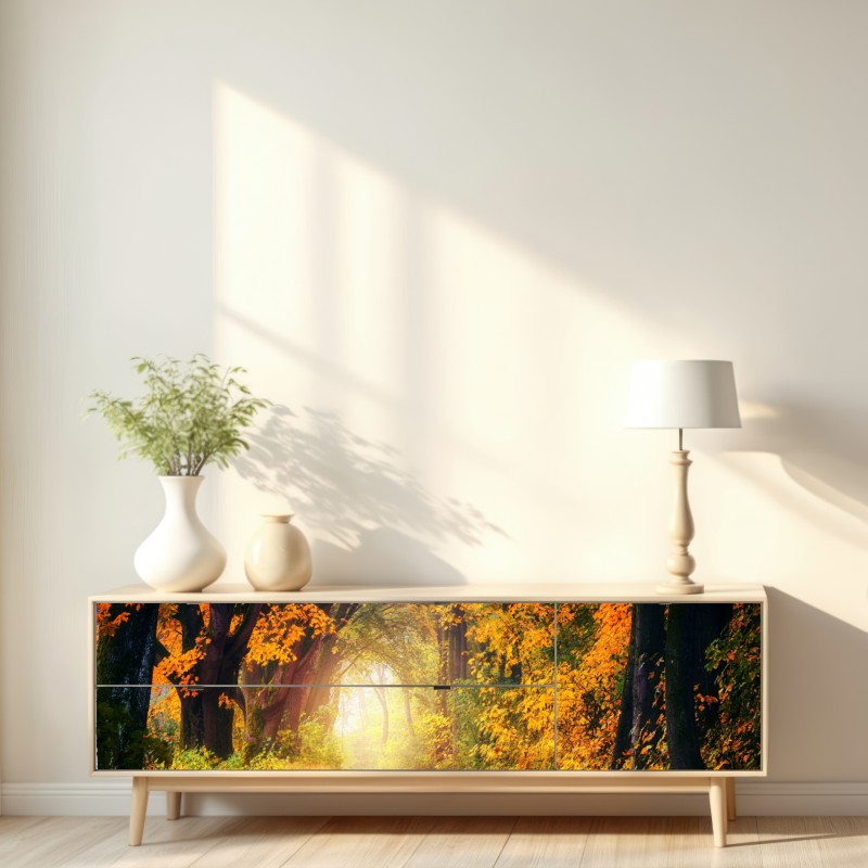 Naklejka repozycjonowalna jesienna leśna ścieżka w złotym świetle – Wallissimo® Naklejka repozycjonowalna jesienna leśna ścieżka w złotym świetle – Wallissimo®