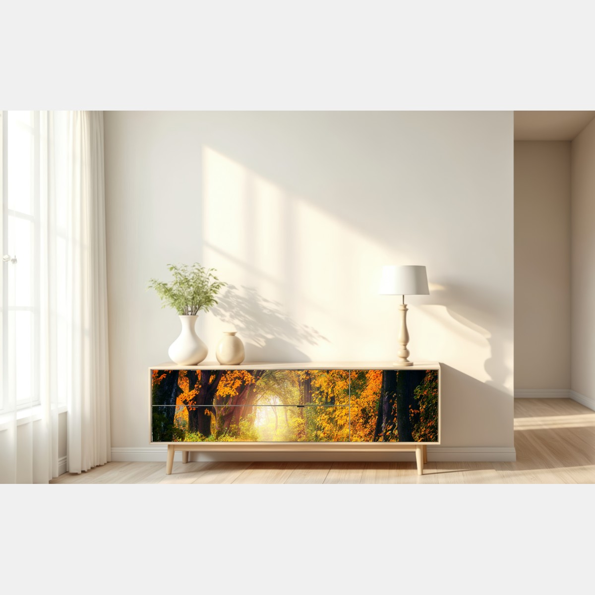 Naklejka repozycjonowalna jesienna leśna ścieżka w złotym świetle – Wallissimo® Naklejka repozycjonowalna jesienna leśna ścieżka w złotym świetle – Wallissimo®