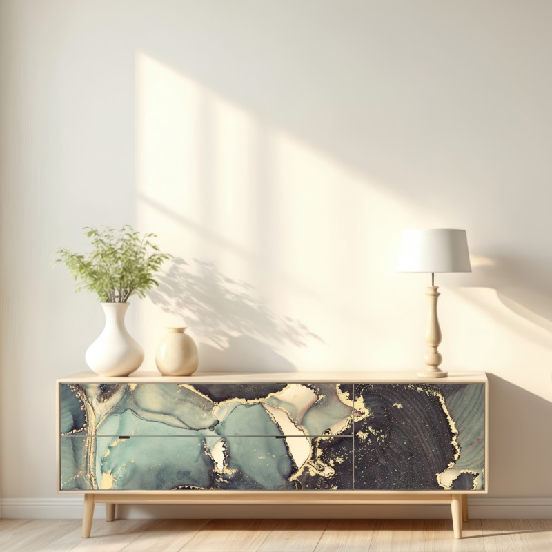 Naklejka repozycjonowalna turkusowo-złota abstrakcja w technice alcohol ink – Wallissimo® Naklejka repozycjonowalna turkusowo-złota abstrakcja w technice alcohol ink – Wallissimo®