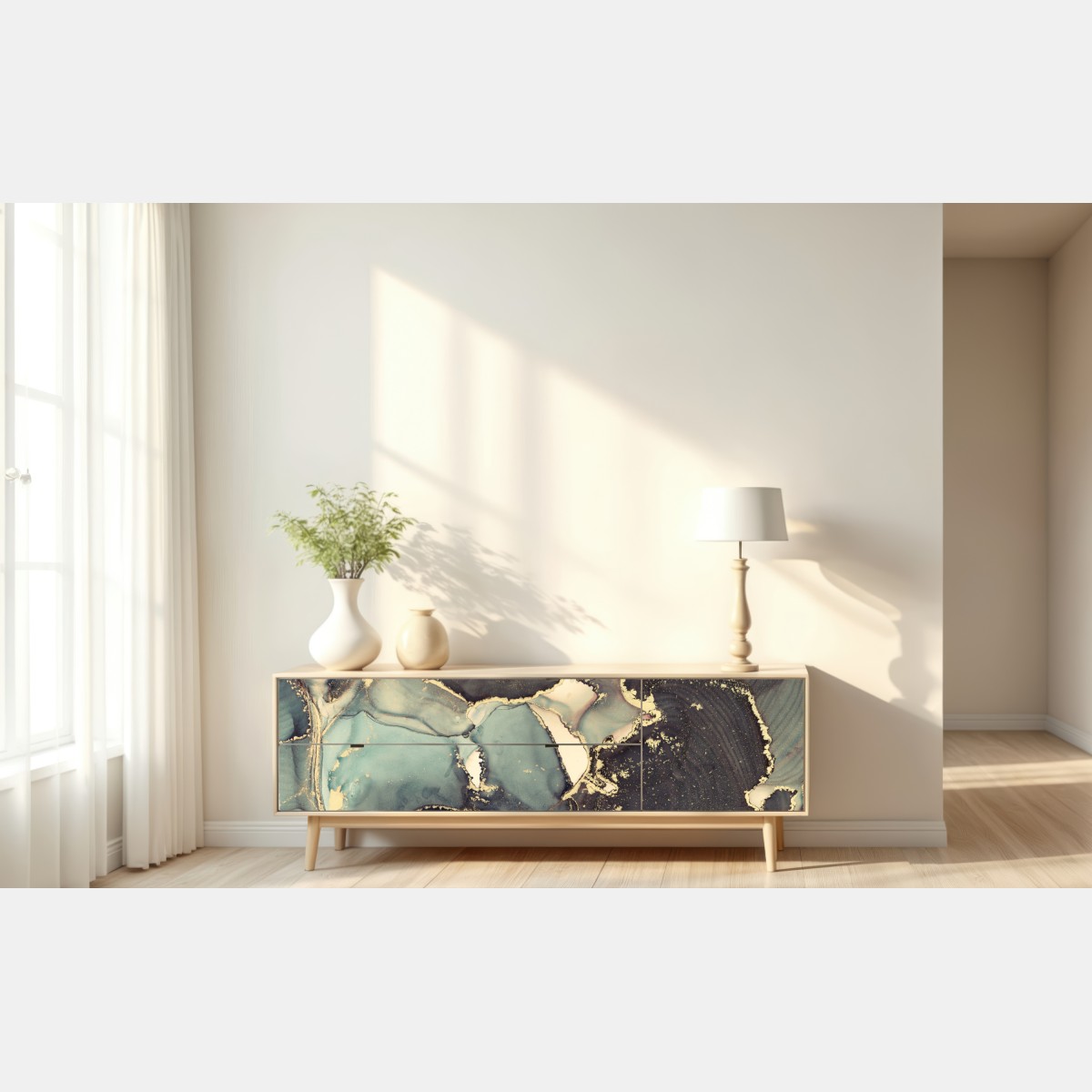 Naklejka repozycjonowalna turkusowo-złota abstrakcja w technice alcohol ink – Wallissimo® Naklejka repozycjonowalna turkusowo-złota abstrakcja w technice alcohol ink – Wallissimo®