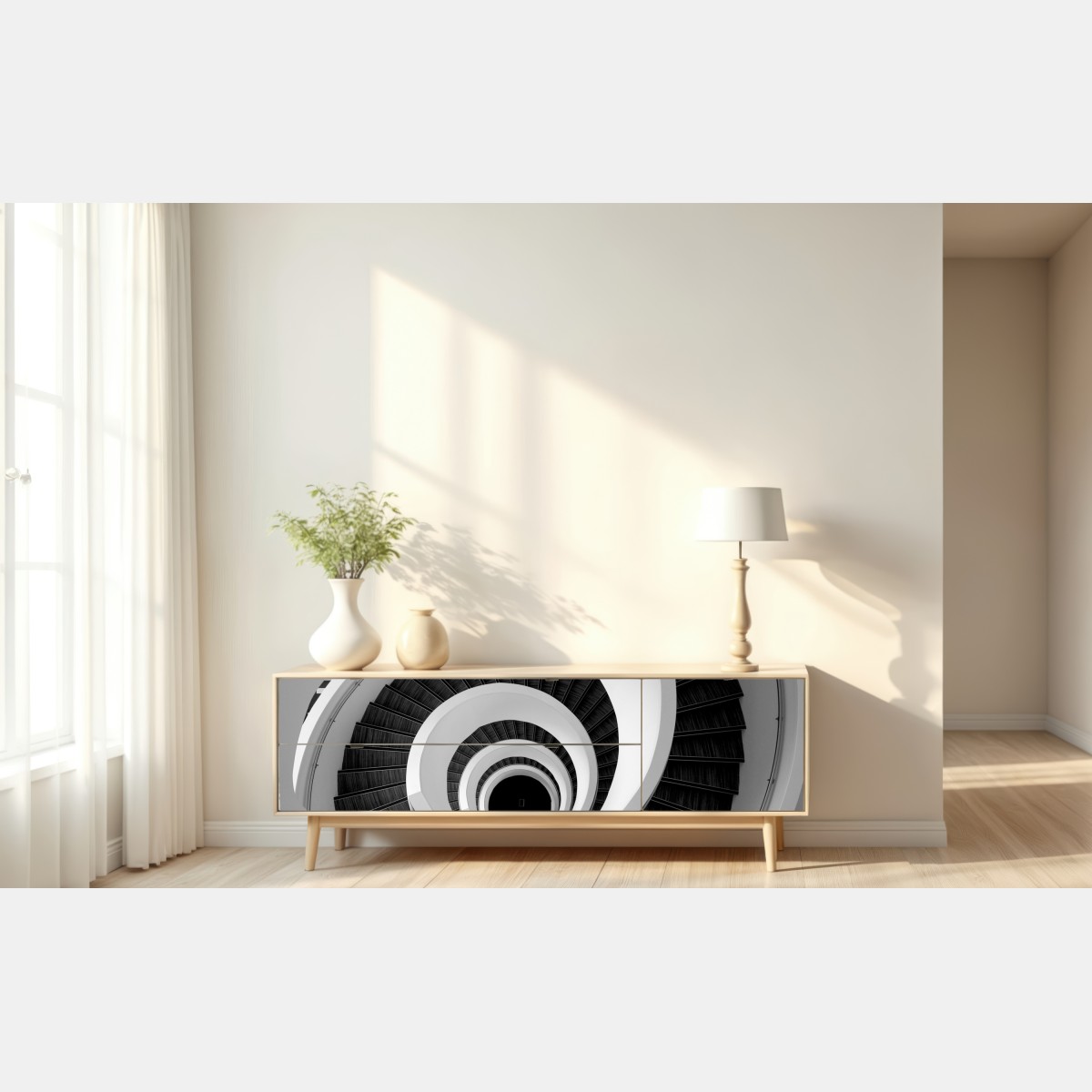 Naklejka repozycjonowalna spiralne schody w monochromie – Wallissimo® Naklejka repozycjonowalna spiralne schody w monochromie – Wallissimo®