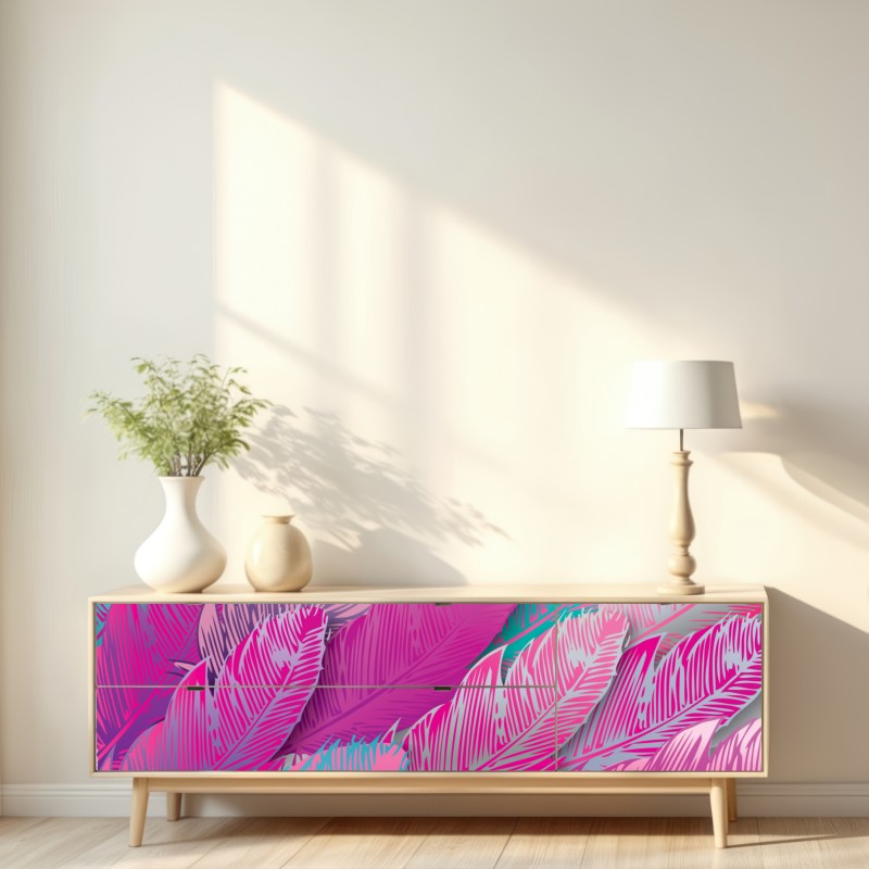 Naklejka repozycjonowalna iryzujący różowy wzór piór – Wallissimo® Naklejka repozycjonowalna iryzujący różowy wzór piór – Wallissimo®