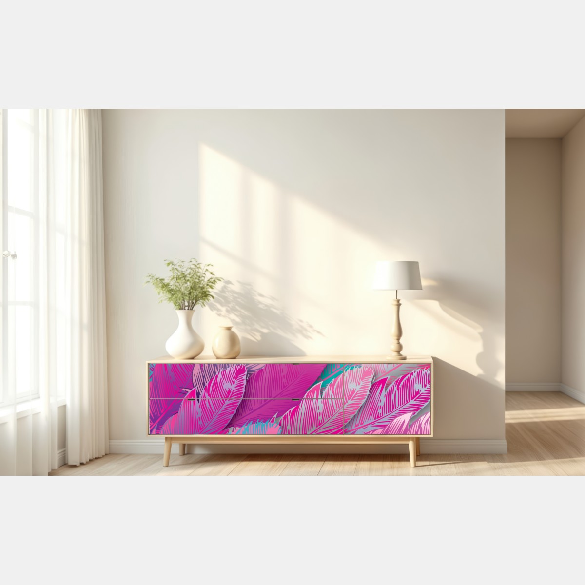 Naklejka repozycjonowalna iryzujący różowy wzór piór – Wallissimo® Naklejka repozycjonowalna iryzujący różowy wzór piór – Wallissimo®