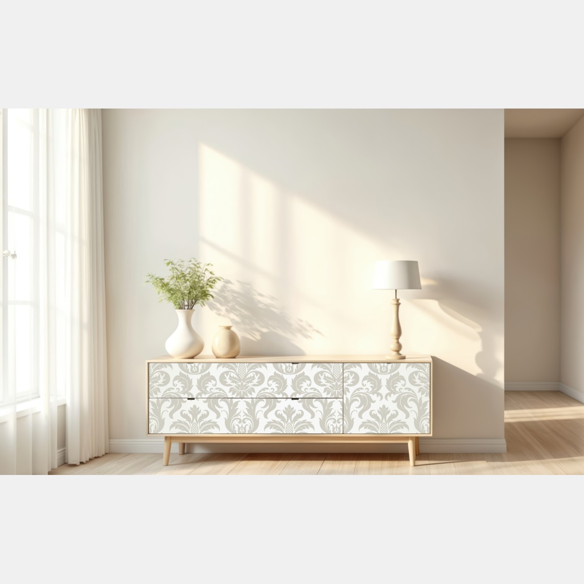 Naklejka repozycjonowalna elegancki beżowy wzór damask – Wallissimo® Naklejka repozycjonowalna elegancki beżowy wzór damask – Wallissimo®