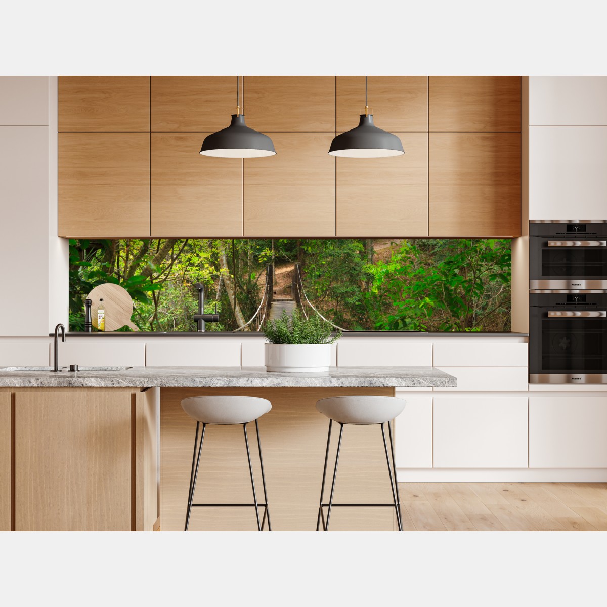 Naklejka repozycjonowalna wiszący drewniany most w zielonym lesie – Wallissimo® Naklejka repozycjonowalna wiszący drewniany most w zielonym lesie – Wallissimo®