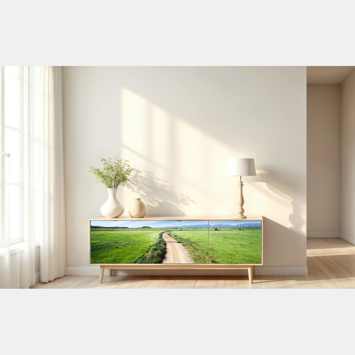 Naklejka repozycjonowalna wijąca się wiejska droga przez zielone łąki – Wallissimo® Naklejka repozycjonowalna wijąca się wiejska droga przez zielone łąki – Wallissimo®