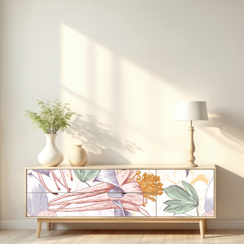 Naklejka repozycjonowalna delikatne pastelowe kwiaty w stylu botanicznym – Wallissimo® Naklejka repozycjonowalna delikatne pastelowe kwiaty w stylu botanicznym – Wallissimo®