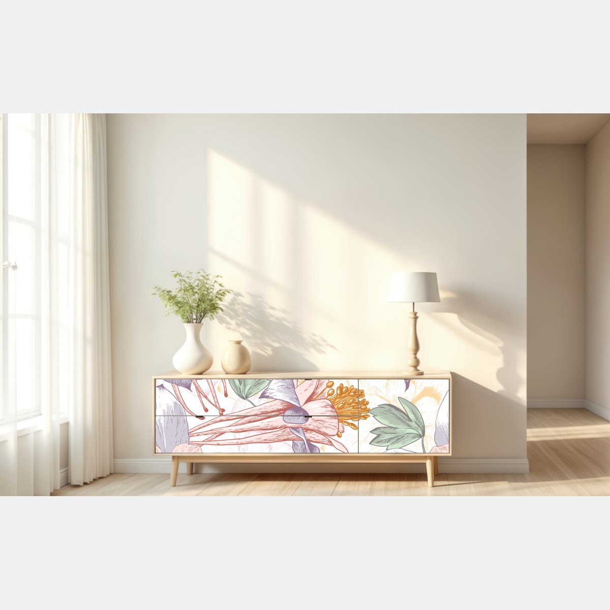 Naklejka repozycjonowalna delikatne pastelowe kwiaty w stylu botanicznym – Wallissimo® Naklejka repozycjonowalna delikatne pastelowe kwiaty w stylu botanicznym – Wallissimo®