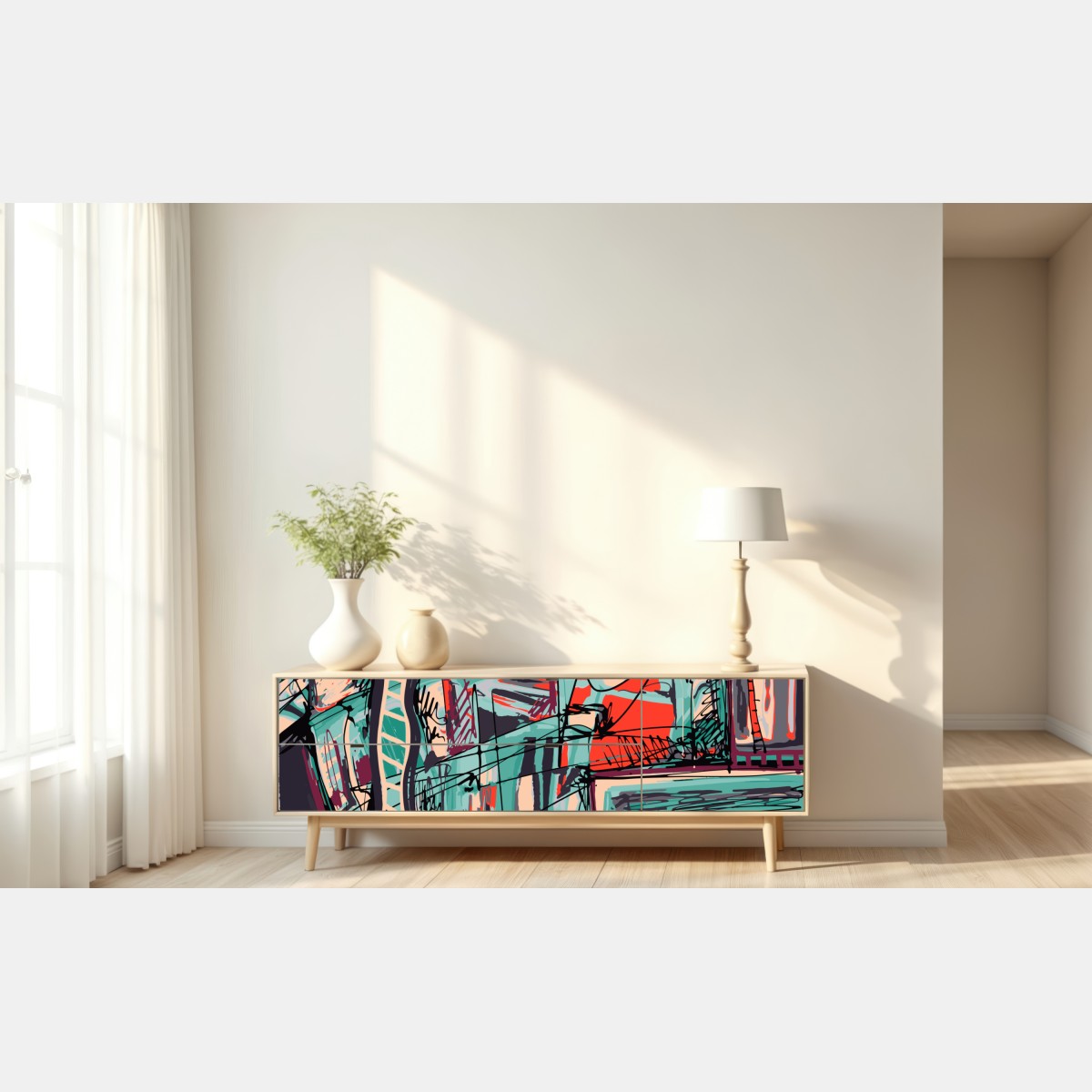 Naklejka repozycjonowalna turkusowo-koralowa abstrakcyjna kompozycja – Wallissimo® Naklejka repozycjonowalna turkusowo-koralowa abstrakcyjna kompozycja – Wallissimo®