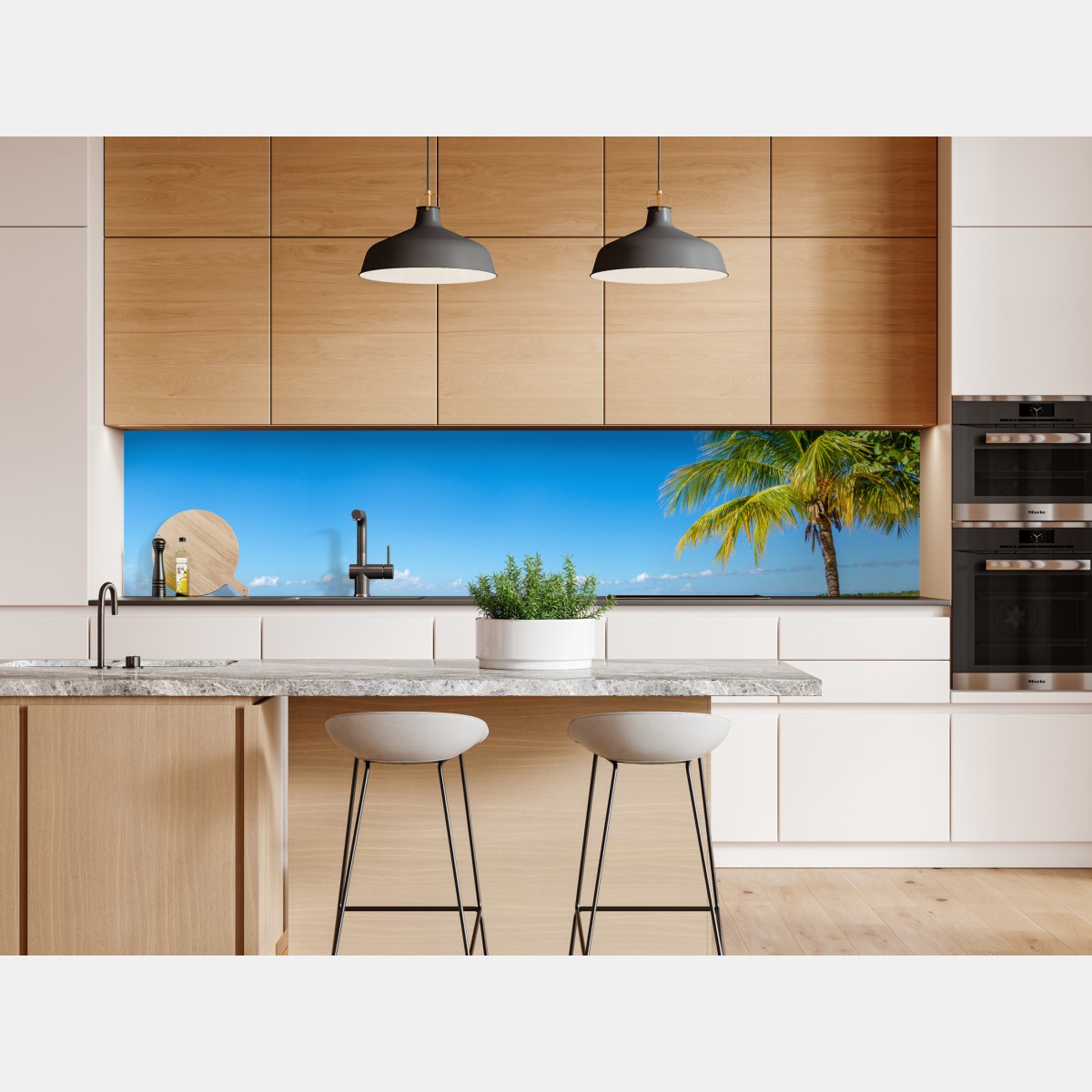 Naklejka repozycjonowalna tropikalna plaża z turkusową wodą i palmą – Wallissimo® Naklejka repozycjonowalna tropikalna plaża z turkusową wodą i palmą – Wallissimo®