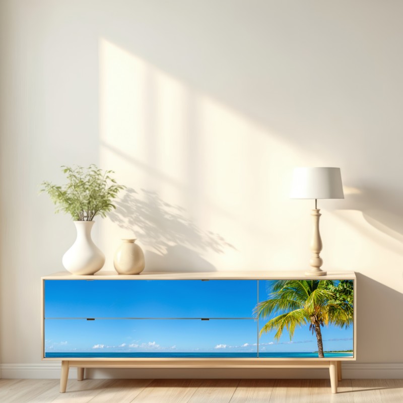 Naklejka repozycjonowalna tropikalna plaża z turkusową wodą i palmą – Wallissimo® Naklejka repozycjonowalna tropikalna plaża z turkusową wodą i palmą – Wallissimo®