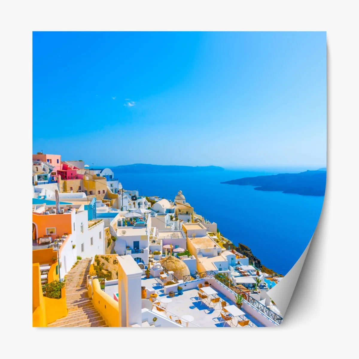 Naklejka repozycjonowalna słoneczny widok na kalderę Santorini – Wallissimo® Naklejka repozycjonowalna słoneczny widok na kalderę Santorini – Wallissimo®