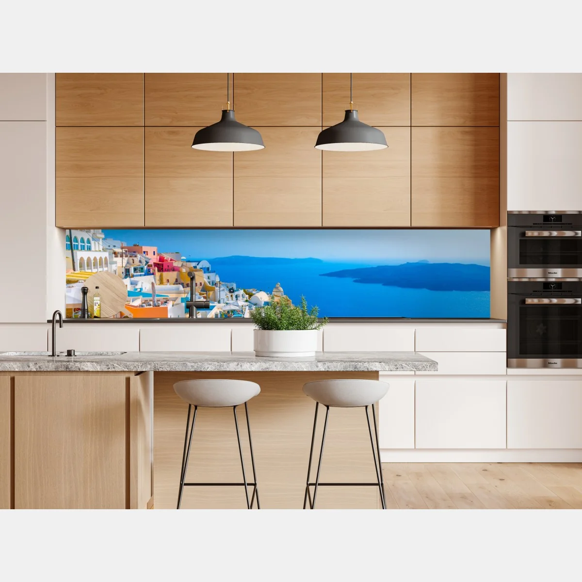 Naklejka repozycjonowalna słoneczny widok na kalderę Santorini – Wallissimo® Naklejka repozycjonowalna słoneczny widok na kalderę Santorini – Wallissimo®