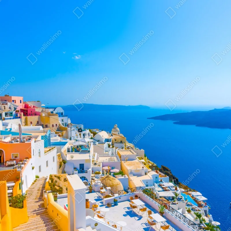 Naklejka repozycjonowalna słoneczny widok na kalderę Santorini – Wallissimo® Naklejka repozycjonowalna słoneczny widok na kalderę Santorini – Wallissimo®