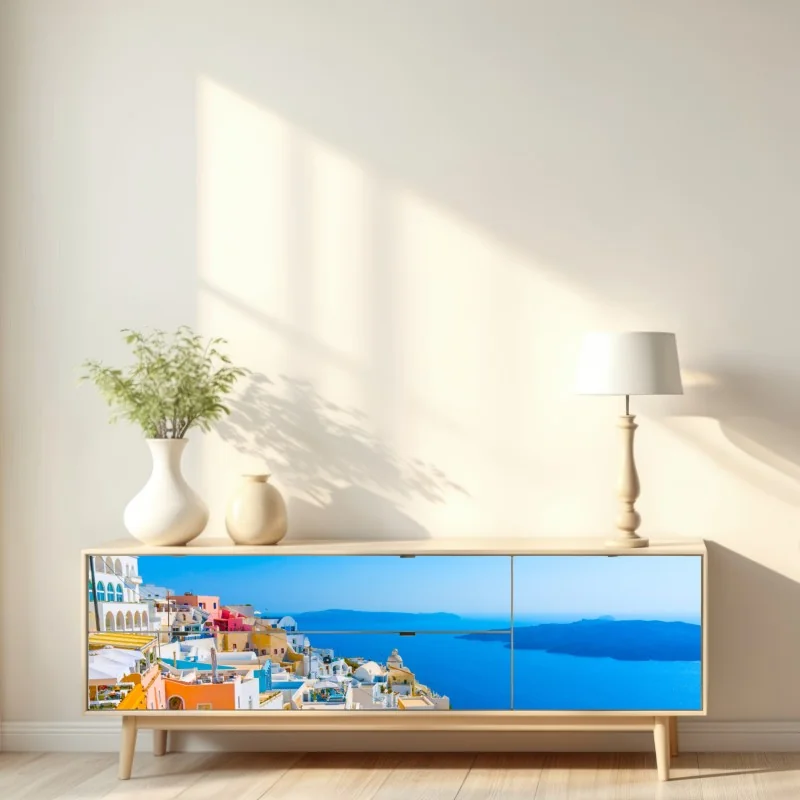 Naklejka repozycjonowalna słoneczny widok na kalderę Santorini – Wallissimo® Naklejka repozycjonowalna słoneczny widok na kalderę Santorini – Wallissimo®