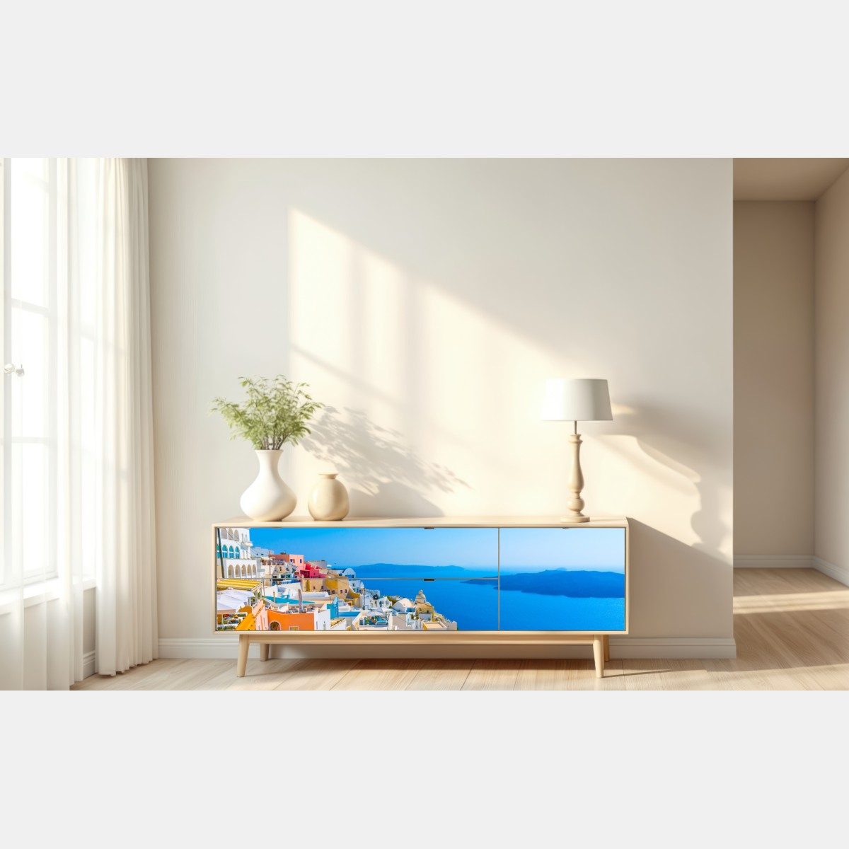 Naklejka repozycjonowalna słoneczny widok na kalderę Santorini – Wallissimo® Naklejka repozycjonowalna słoneczny widok na kalderę Santorini – Wallissimo®