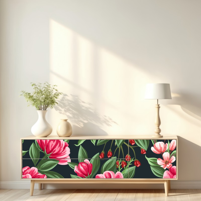 Naklejka repozycjonowalna różowy wzór kwiatowy w stylu akwareli na ciemnym tle – Wallissimo® Naklejka repozycjonowalna różowy wzór kwiatowy w stylu akwareli na ciemnym tle – Wallissimo®