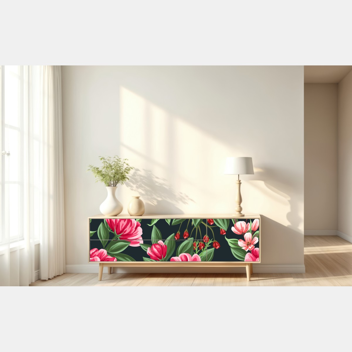 Naklejka repozycjonowalna różowy wzór kwiatowy w stylu akwareli na ciemnym tle – Wallissimo® Naklejka repozycjonowalna różowy wzór kwiatowy w stylu akwareli na ciemnym tle – Wallissimo®