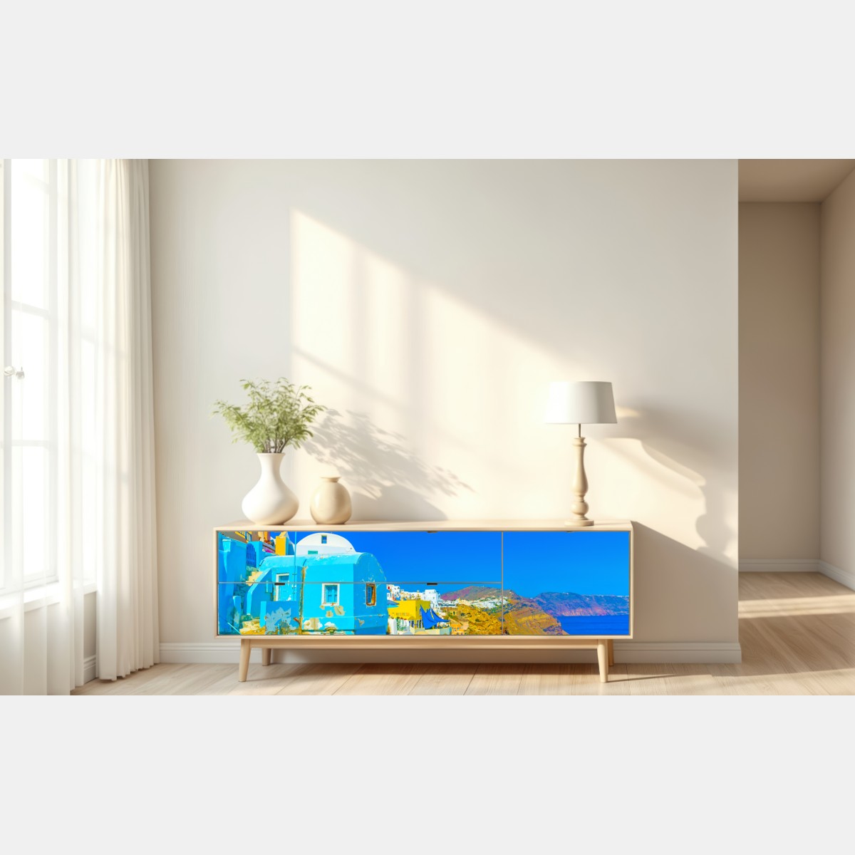 Naklejka repozycjonowalna słoneczny widok na Oia, Santorini – Wallissimo® Naklejka repozycjonowalna słoneczny widok na Oia, Santorini – Wallissimo®