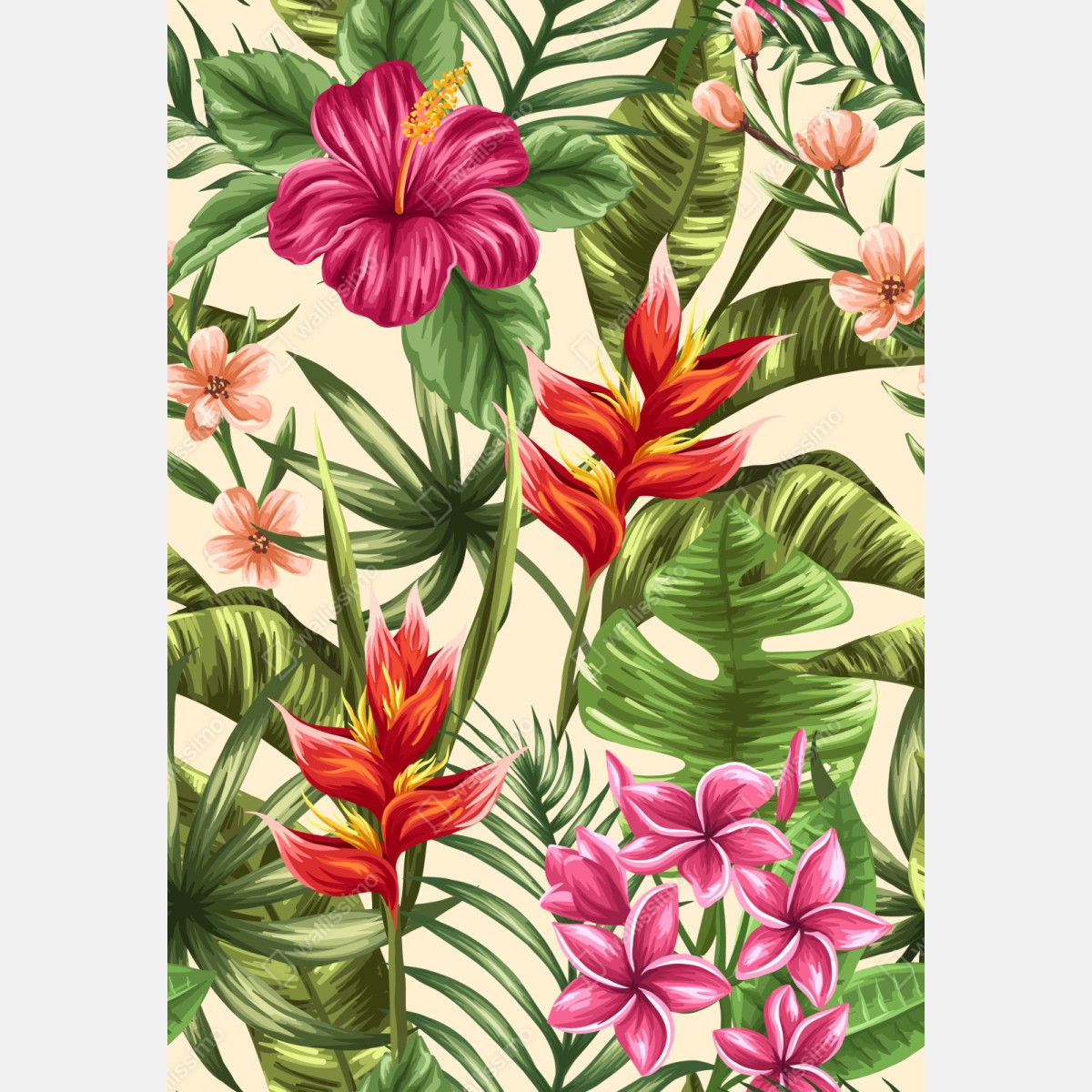 Naklejka repozycjonowalna tropikalny wzór kwiatowy z hibiskusem i plumerią – Wallissimo® Naklejka repozycjonowalna tropikalny wzór kwiatowy z hibiskusem i plumerią – Wallissimo®