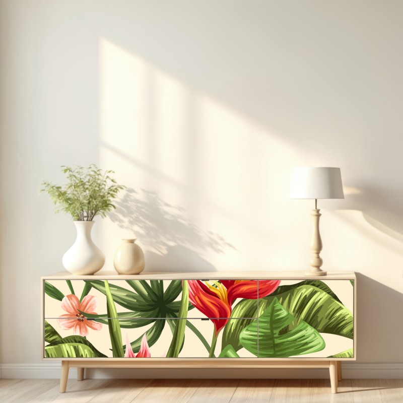 Naklejka repozycjonowalna tropikalny wzór kwiatowy z hibiskusem i plumerią – Wallissimo® Naklejka repozycjonowalna tropikalny wzór kwiatowy z hibiskusem i plumerią – Wallissimo®