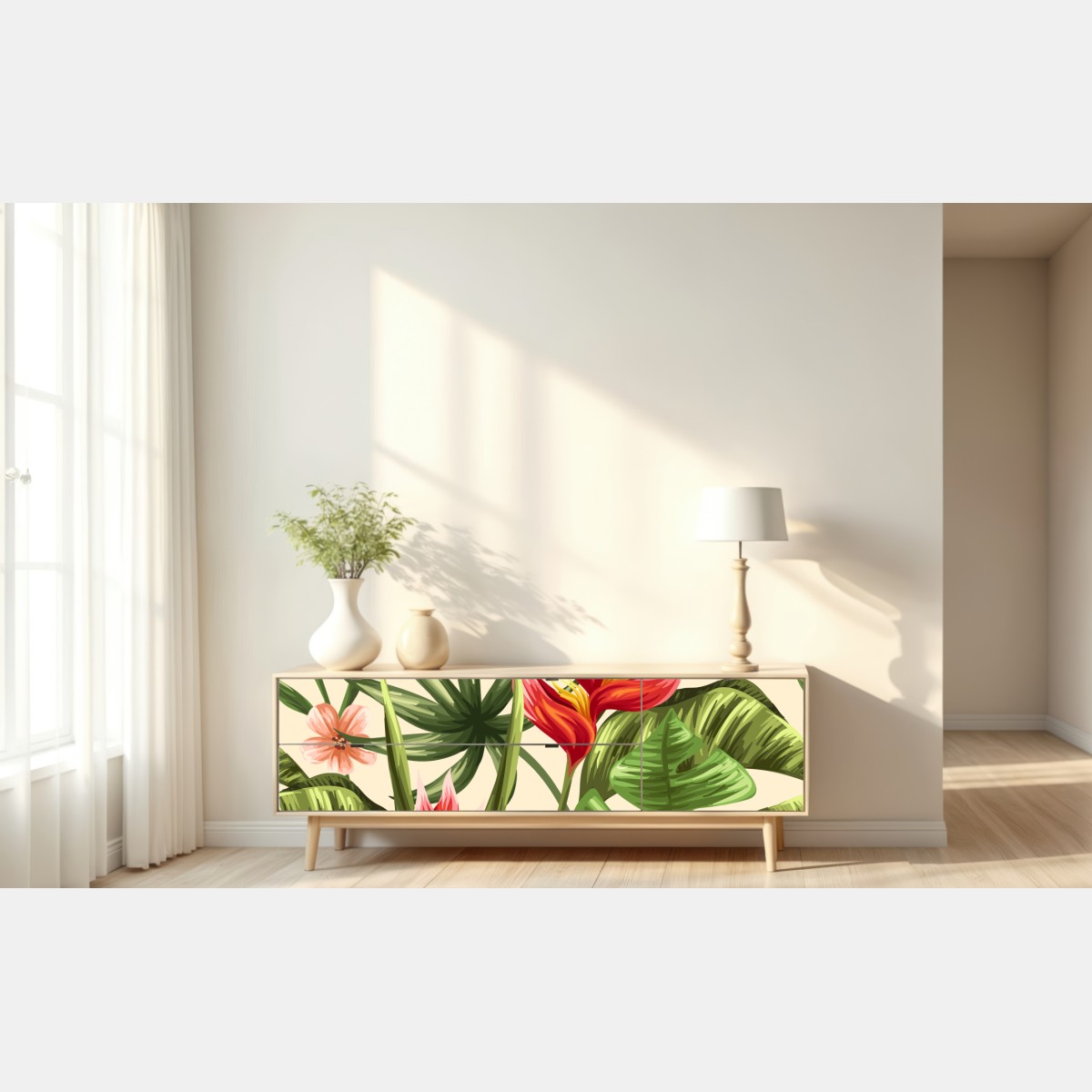 Naklejka repozycjonowalna tropikalny wzór kwiatowy z hibiskusem i plumerią – Wallissimo® Naklejka repozycjonowalna tropikalny wzór kwiatowy z hibiskusem i plumerią – Wallissimo®