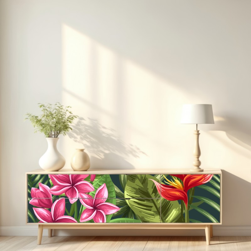 Naklejka repozycjonowalna tropikalny wzór hibiskusa i plumerii – Wallissimo® Naklejka repozycjonowalna tropikalny wzór hibiskusa i plumerii – Wallissimo®