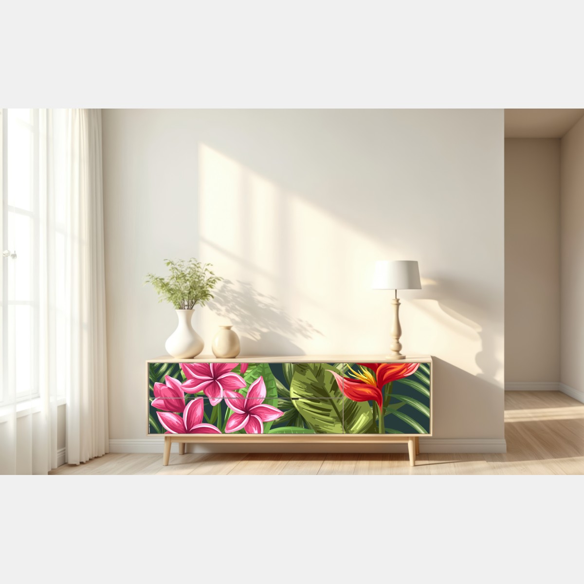 Naklejka repozycjonowalna tropikalny wzór hibiskusa i plumerii – Wallissimo® Naklejka repozycjonowalna tropikalny wzór hibiskusa i plumerii – Wallissimo®