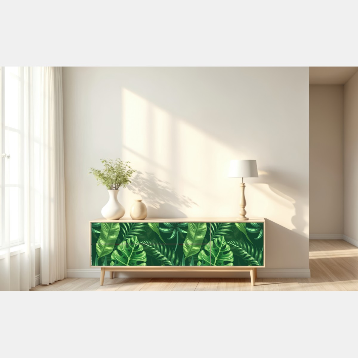 Naklejka repozycjonowalna tropikalny wzór z liśćmi monstery – Wallissimo® Naklejka repozycjonowalna tropikalny wzór z liśćmi monstery – Wallissimo®