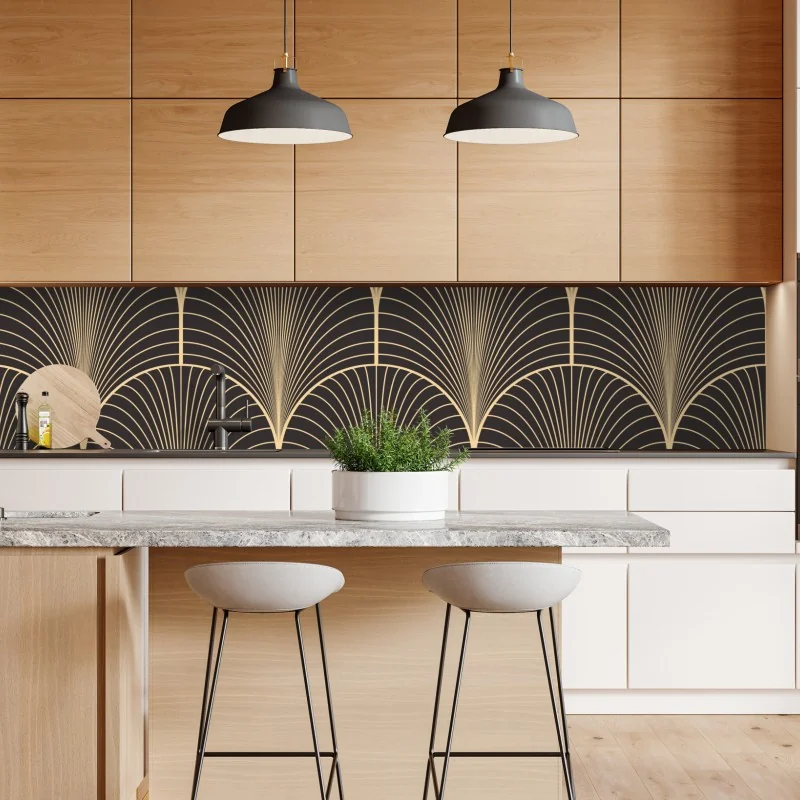 Naklejka repozycjonowalna art deco złoty wzór wachlarza – Wallissimo® Naklejka repozycjonowalna art deco złoty wzór wachlarza – Wallissimo®