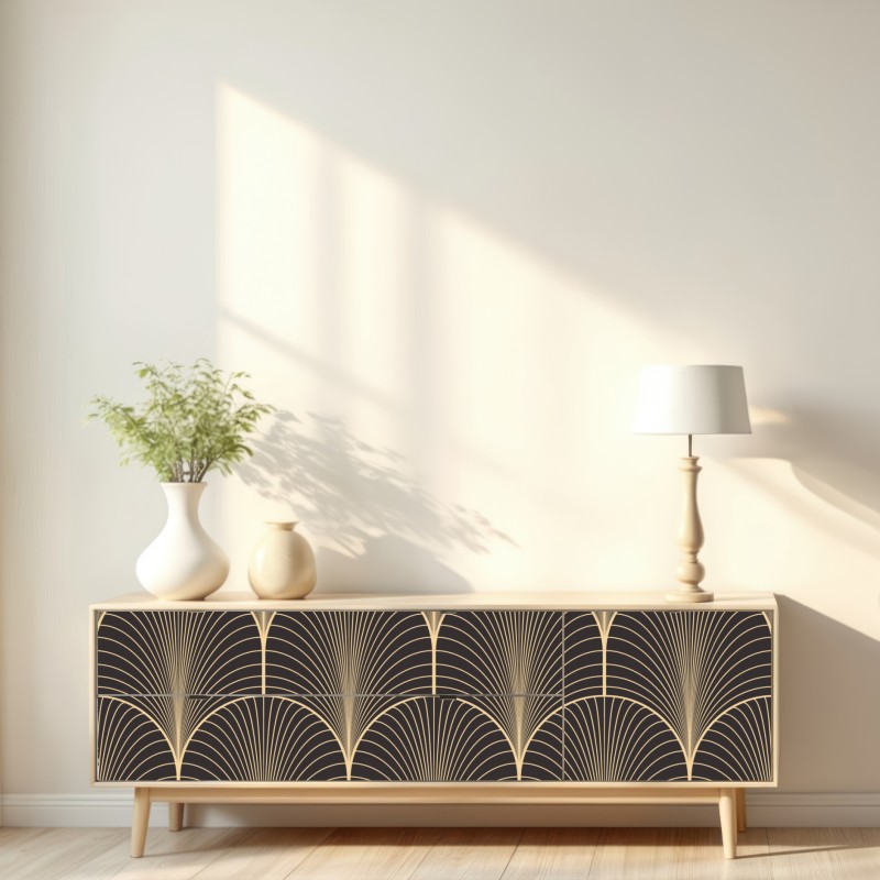 Naklejka repozycjonowalna art deco złoty wzór wachlarza – Wallissimo® Naklejka repozycjonowalna art deco złoty wzór wachlarza – Wallissimo®