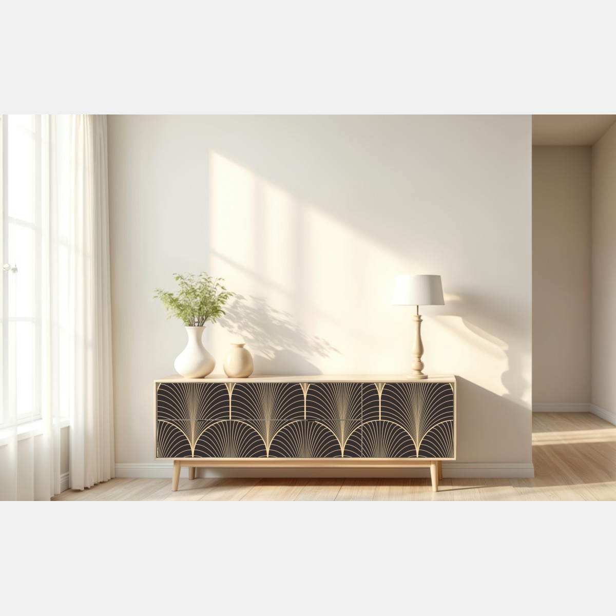 Naklejka repozycjonowalna art deco złoty wzór wachlarza – Wallissimo® Naklejka repozycjonowalna art deco złoty wzór wachlarza – Wallissimo®