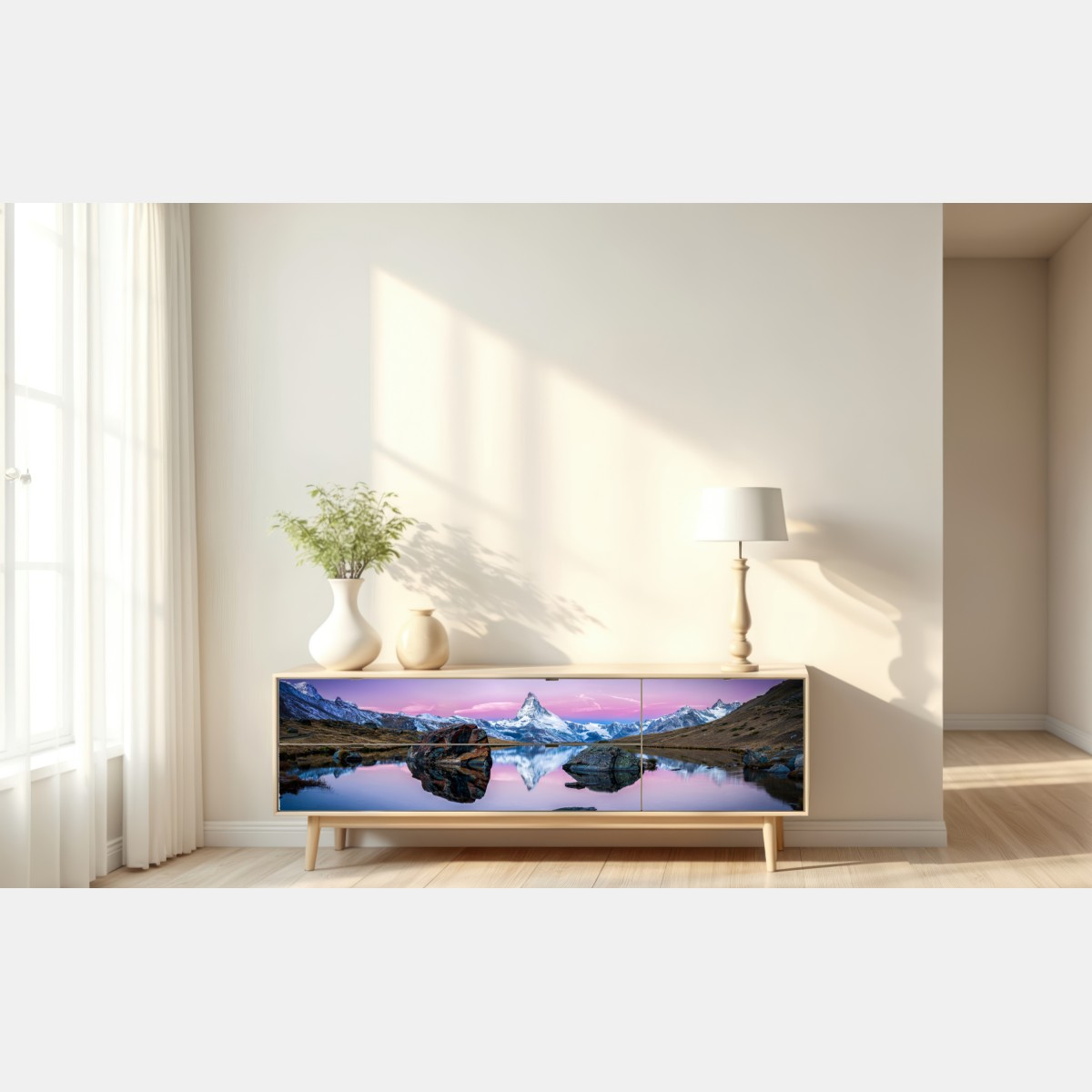 Naklejka repozycjonowalna spokojne alpejskie odbicie o zachodzie – Wallissimo® Naklejka repozycjonowalna spokojne alpejskie odbicie o zachodzie – Wallissimo®