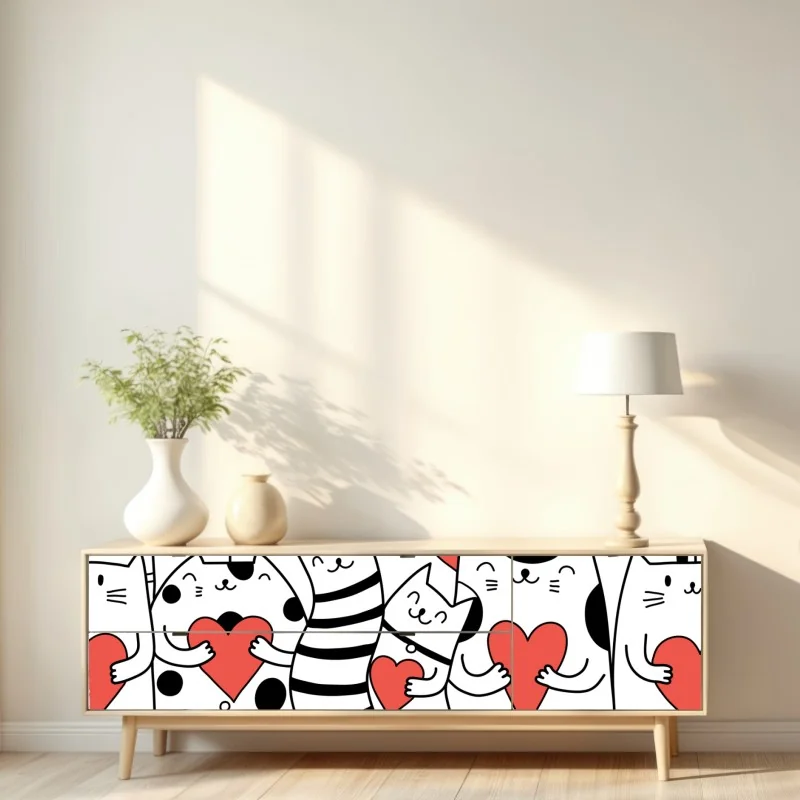 Naklejka repozycjonowalna urocze koty z sercami wzór – Wallissimo® Naklejka repozycjonowalna urocze koty z sercami wzór – Wallissimo®