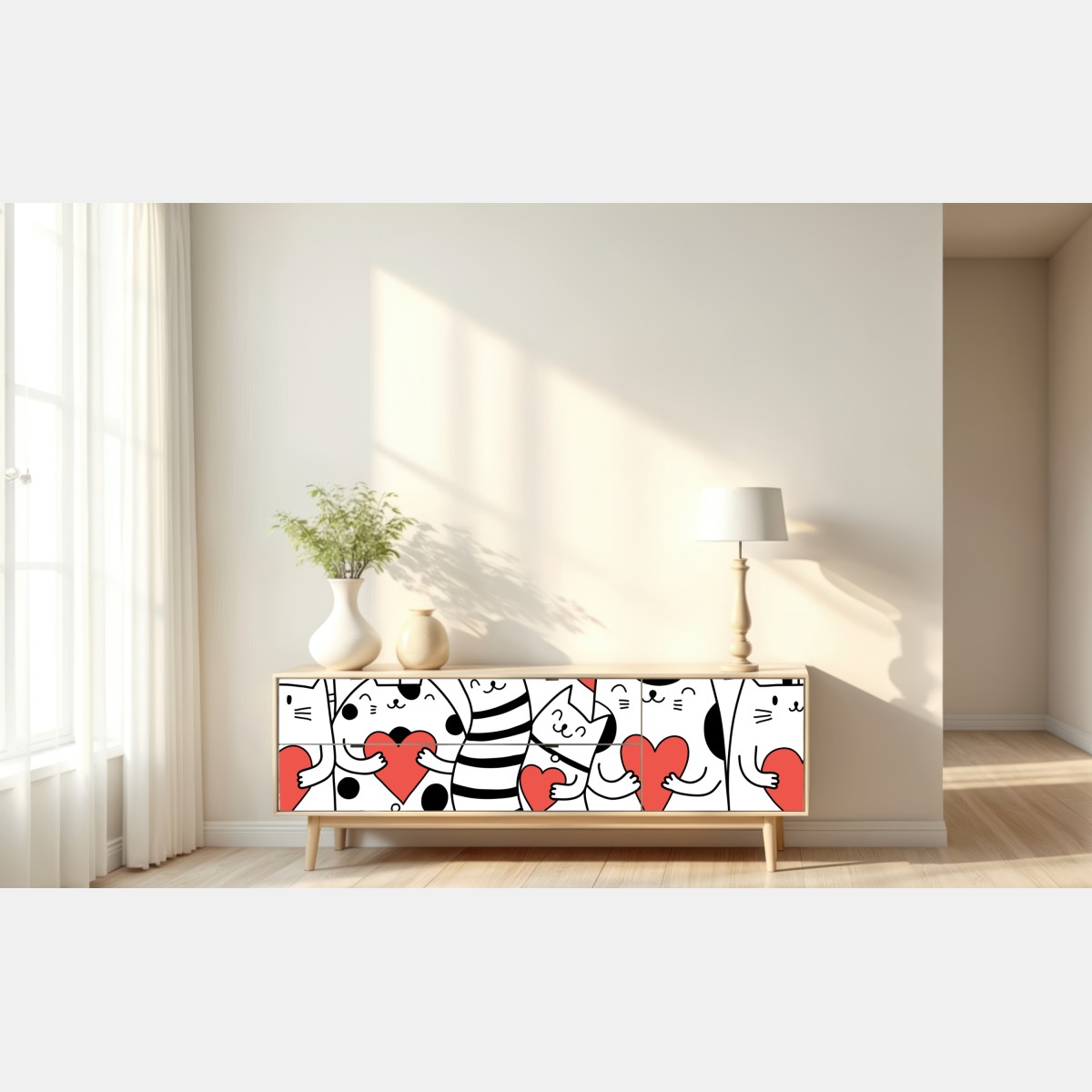 Naklejka repozycjonowalna urocze koty z sercami wzór – Wallissimo® Naklejka repozycjonowalna urocze koty z sercami wzór – Wallissimo®