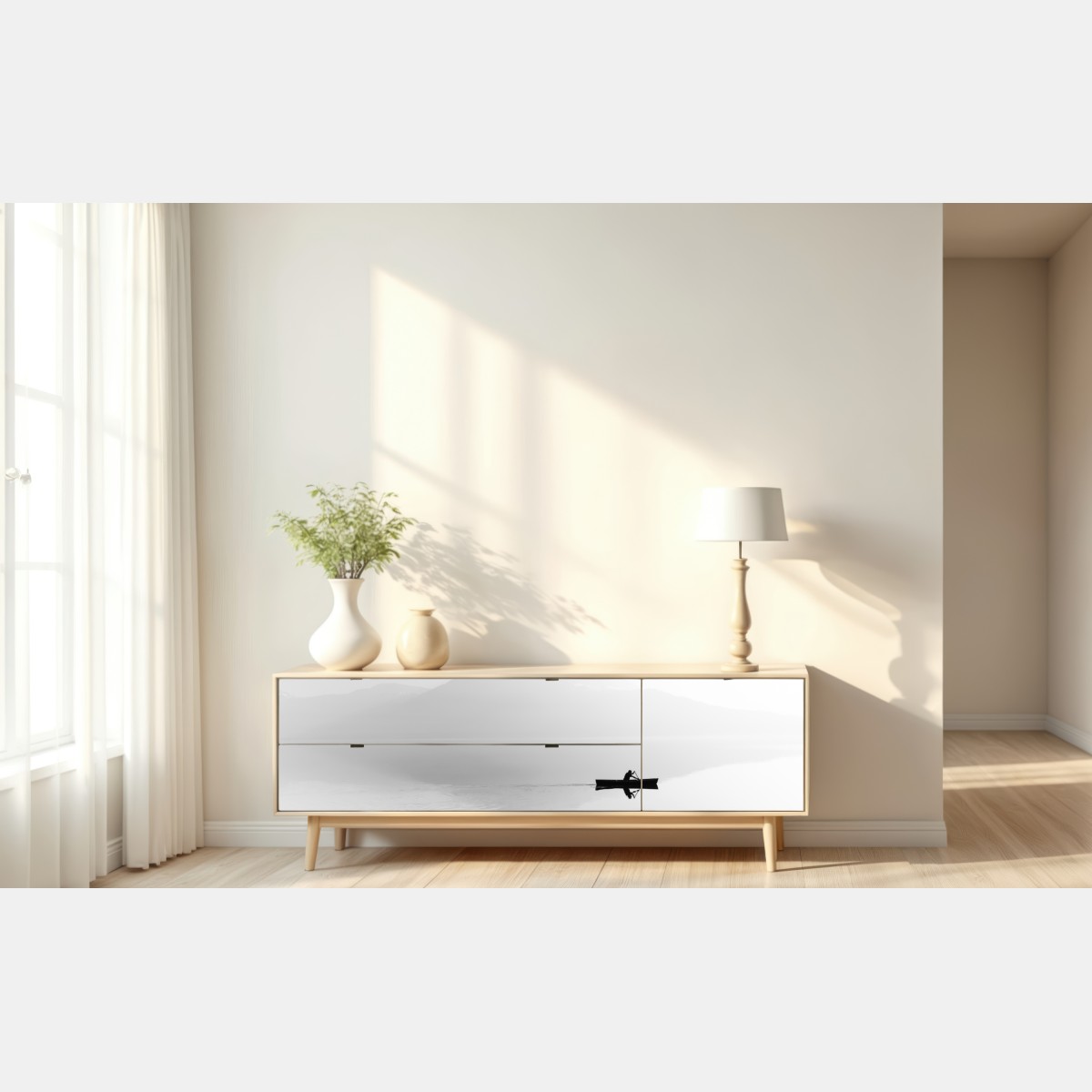 Naklejka repozycjonowalna samotny wioślarz na mglistym jeziorze – Wallissimo® Naklejka repozycjonowalna samotny wioślarz na mglistym jeziorze – Wallissimo®