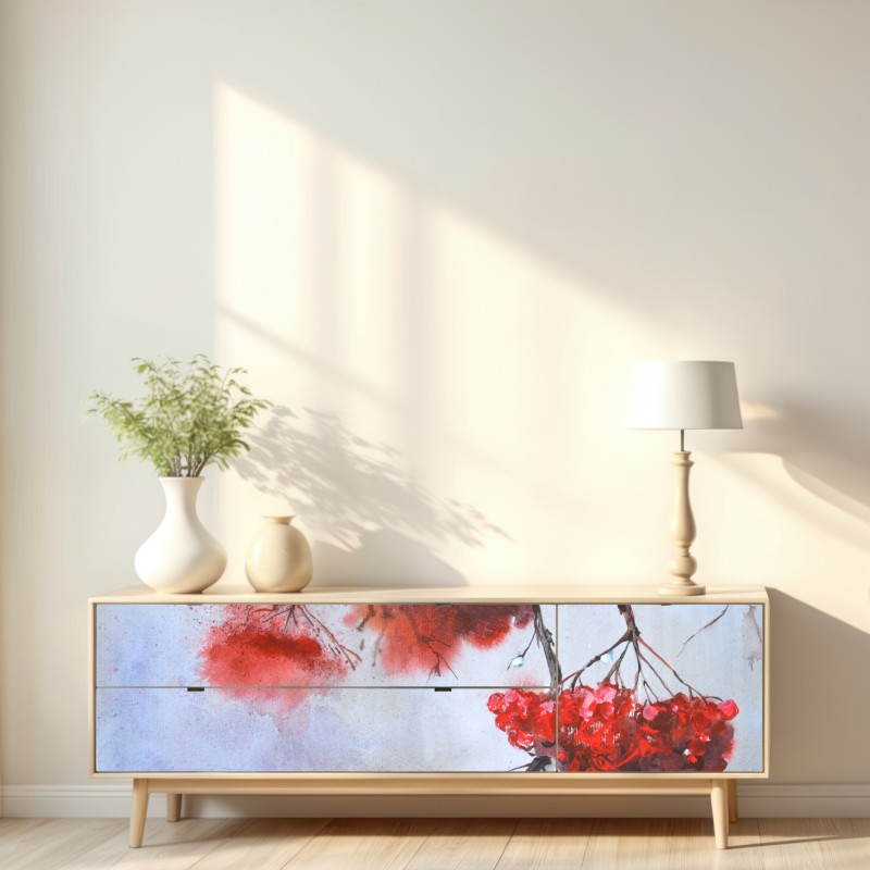 Naklejka repozycjonowalna akwarela czerwonych jagód na gałęziach – Wallissimo® Naklejka repozycjonowalna akwarela czerwonych jagód na gałęziach – Wallissimo®