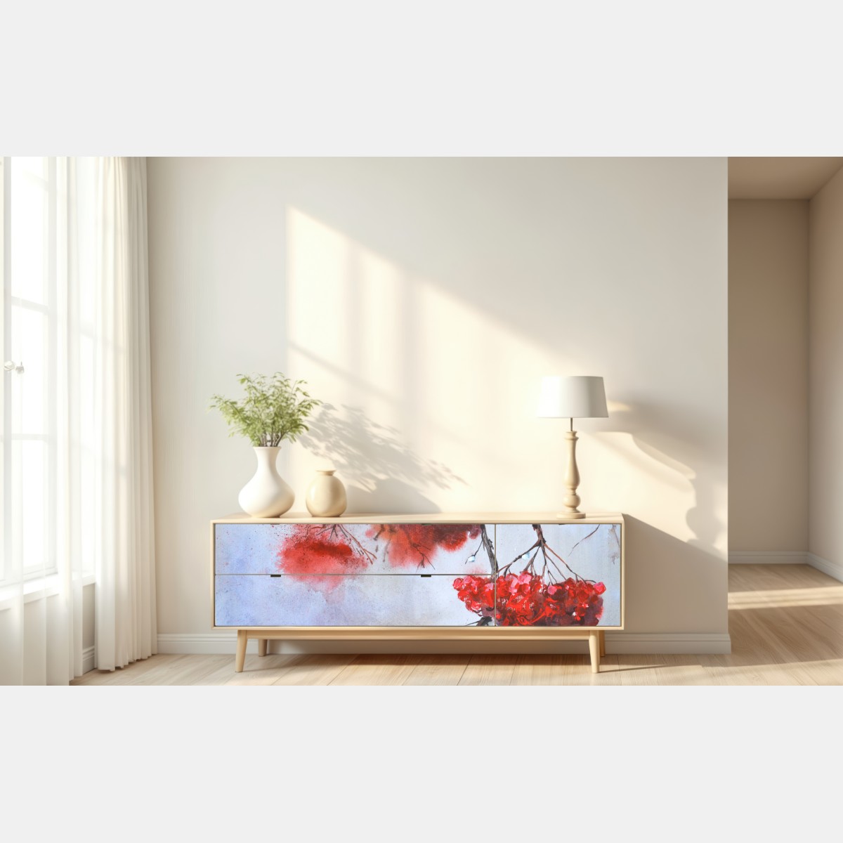 Naklejka repozycjonowalna akwarela czerwonych jagód na gałęziach – Wallissimo® Naklejka repozycjonowalna akwarela czerwonych jagód na gałęziach – Wallissimo®