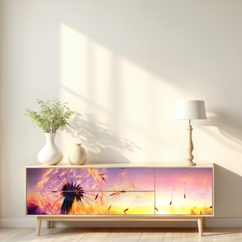 Naklejka repozycjonowalna złoty mniszek przy zachodzie słońca – Wallissimo® Naklejka repozycjonowalna złoty mniszek przy zachodzie słońca – Wallissimo®