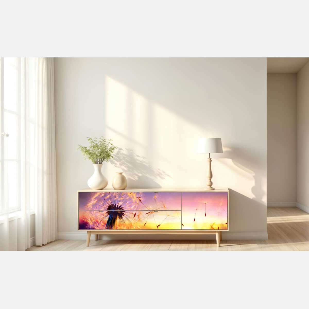 Naklejka repozycjonowalna złoty mniszek przy zachodzie słońca – Wallissimo® Naklejka repozycjonowalna złoty mniszek przy zachodzie słońca – Wallissimo®