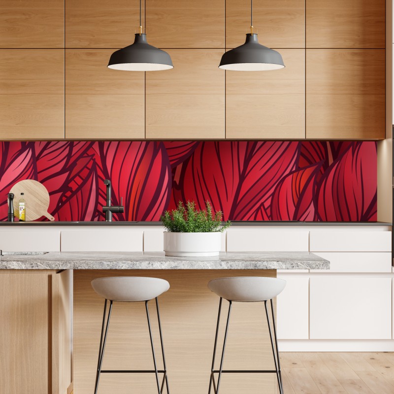 Naklejka repozycjonowalna czerwony botaniczny wzór liści – Wallissimo® Naklejka repozycjonowalna czerwony botaniczny wzór liści – Wallissimo®