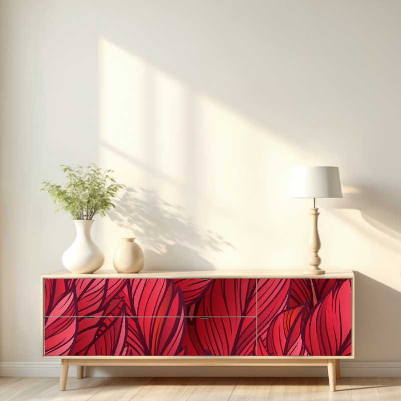 Naklejka repozycjonowalna czerwony botaniczny wzór liści – Wallissimo® Naklejka repozycjonowalna czerwony botaniczny wzór liści – Wallissimo®
