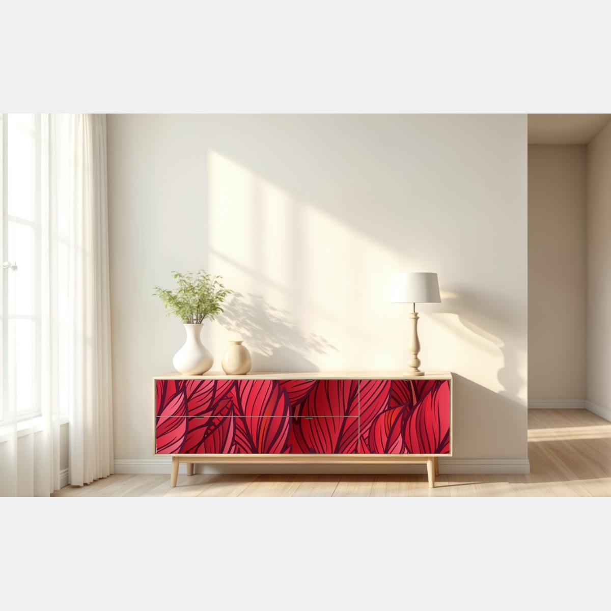 Naklejka repozycjonowalna czerwony botaniczny wzór liści – Wallissimo® Naklejka repozycjonowalna czerwony botaniczny wzór liści – Wallissimo®