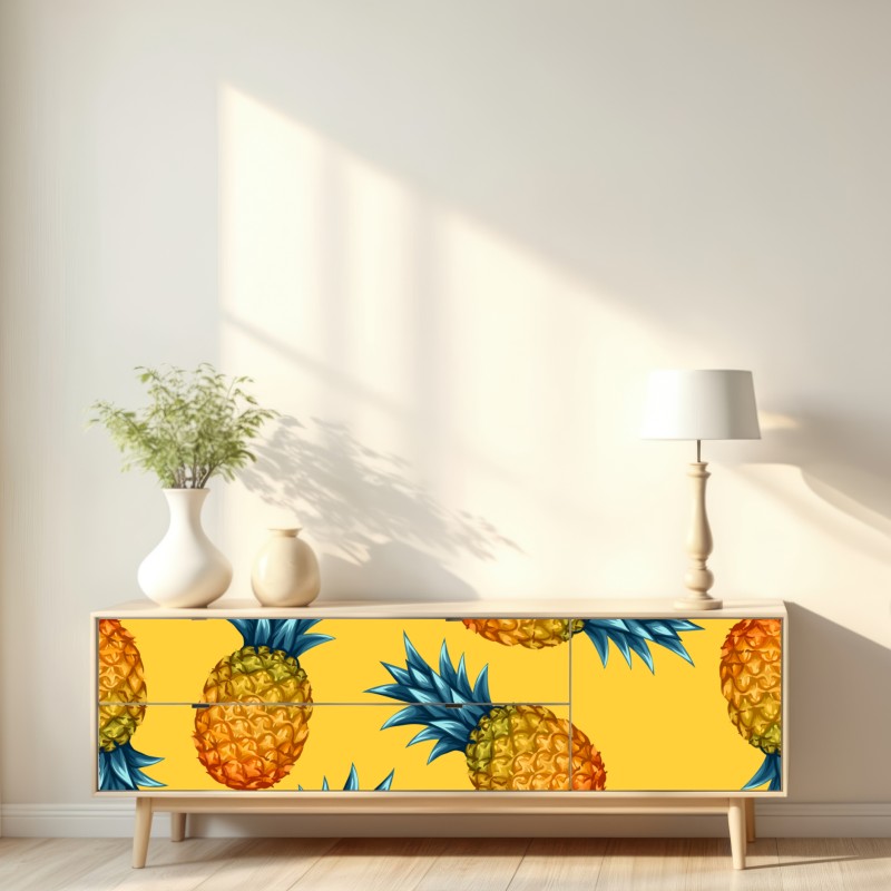 Naklejka repozycjonowalna tropikalny wzór z ananasami na żółtym tle – Wallissimo® Naklejka repozycjonowalna tropikalny wzór z ananasami na żółtym tle – Wallissimo®