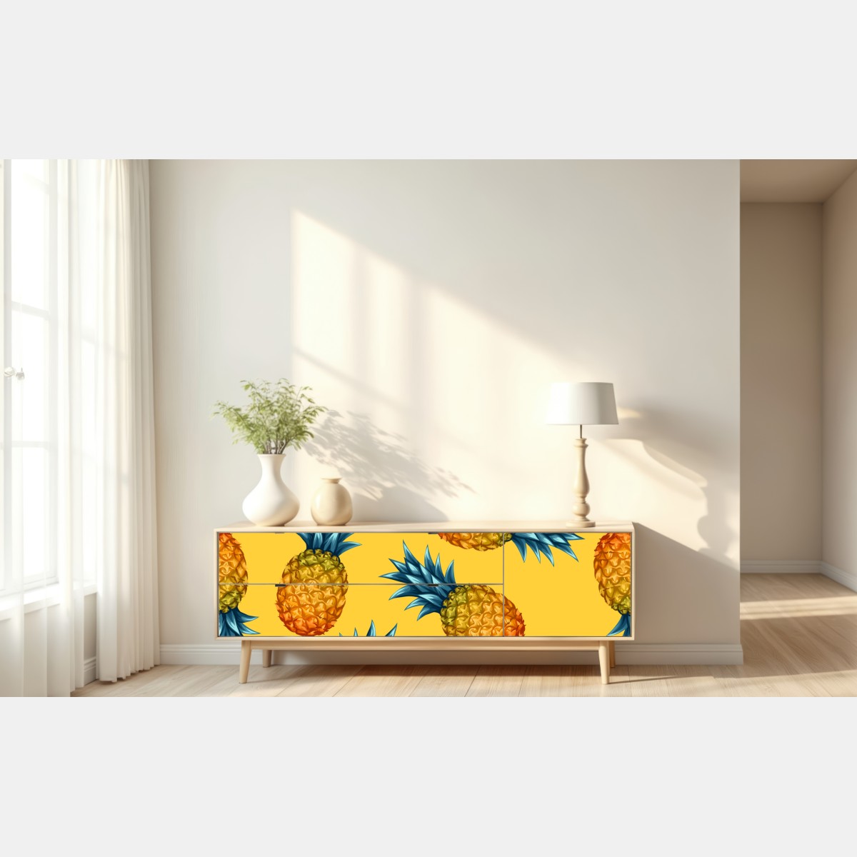 Naklejka repozycjonowalna tropikalny wzór z ananasami na żółtym tle – Wallissimo® Naklejka repozycjonowalna tropikalny wzór z ananasami na żółtym tle – Wallissimo®