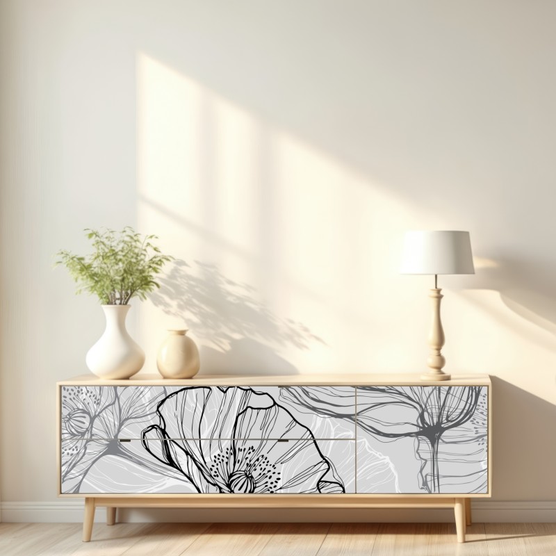 Naklejka repozycjonowalna delikatny szary mak w rysunku liniowym – Wallissimo® Naklejka repozycjonowalna delikatny szary mak w rysunku liniowym – Wallissimo®