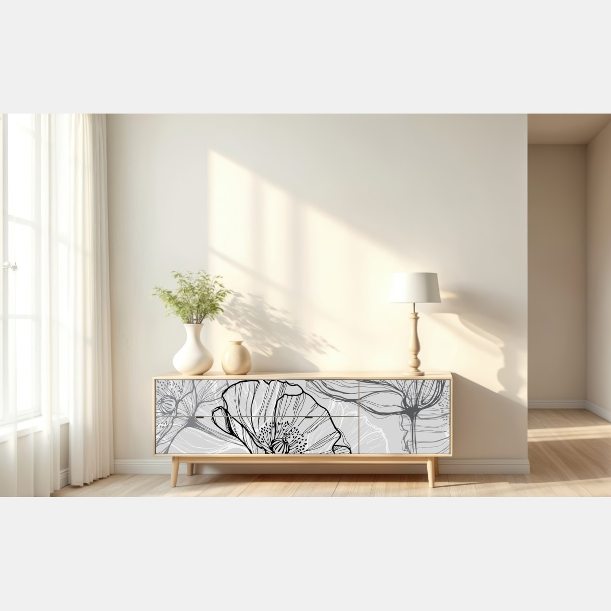 Naklejka repozycjonowalna delikatny szary mak w rysunku liniowym – Wallissimo® Naklejka repozycjonowalna delikatny szary mak w rysunku liniowym – Wallissimo®