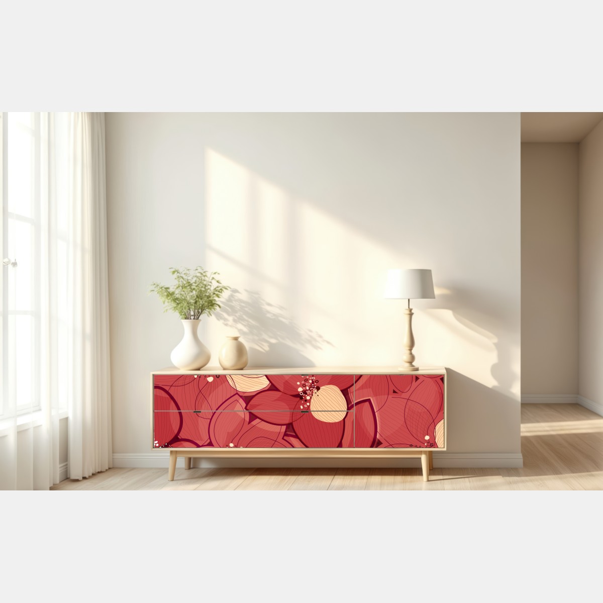 Naklejka repozycjonowalna czerwony kwiatowy wzór z beżowymi środkami – Wallissimo® Naklejka repozycjonowalna czerwony kwiatowy wzór z beżowymi środkami – Wallissimo®