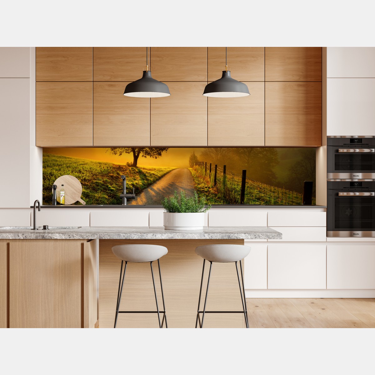 Naklejka repozycjonowalna słoneczna droga przez wiejską łąkę o świcie – Wallissimo® Naklejka repozycjonowalna słoneczna droga przez wiejską łąkę o świcie – Wallissimo®