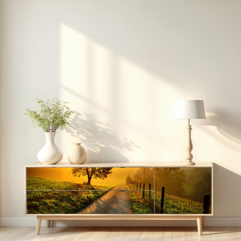 Naklejka repozycjonowalna słoneczna droga przez wiejską łąkę o świcie – Wallissimo® Naklejka repozycjonowalna słoneczna droga przez wiejską łąkę o świcie – Wallissimo®